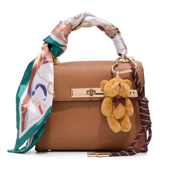 NWT ALDO SPECIAL EDITION SATCHEL CROSSBODY BAG W BEAR KEYRING & SCARF BROWN - Picture 1 of 7